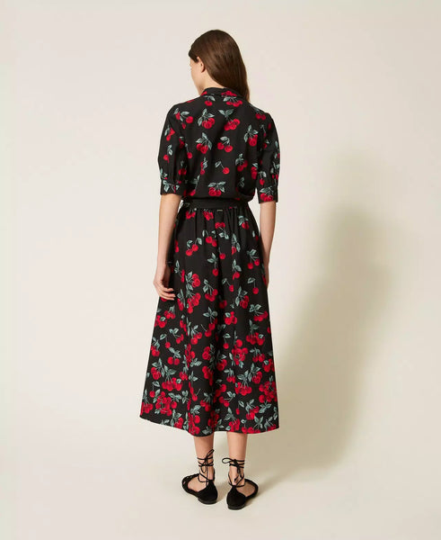 Long Poplin Skirt with Cherry Print