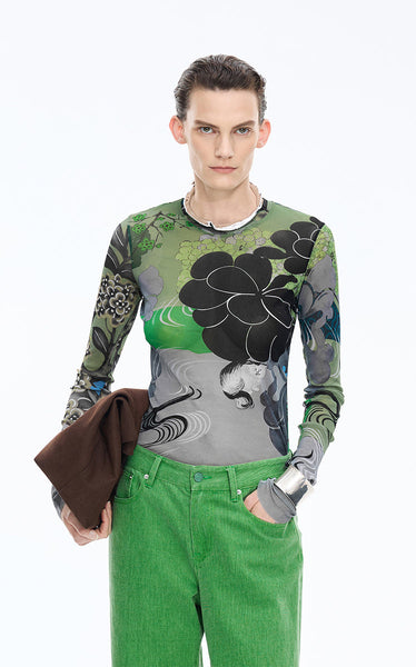 Oriental Print Second Skin Top- JNBY