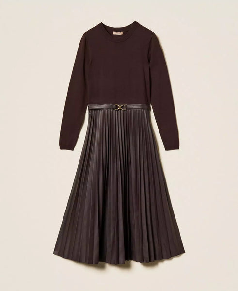 Long Knit Dress with Leather Effect