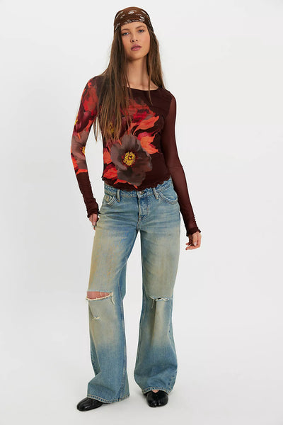 Lily Printed Boat Neck Long Sleeve Top