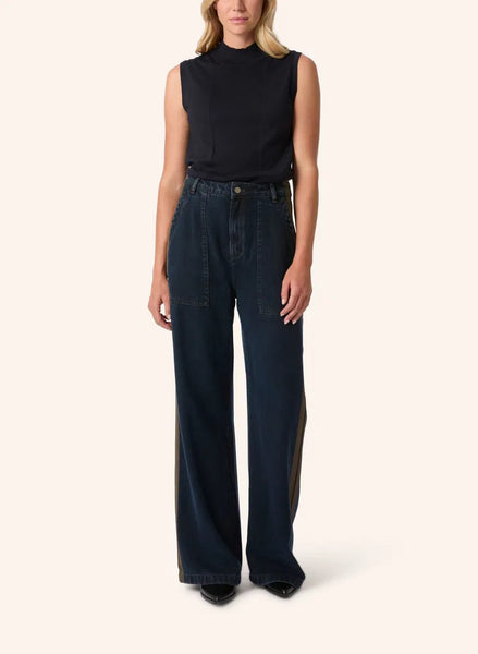 Denim Trousers with Coated Stripes