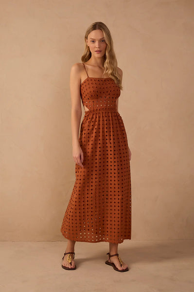 Brown Eyelet Smocked Midi Dress