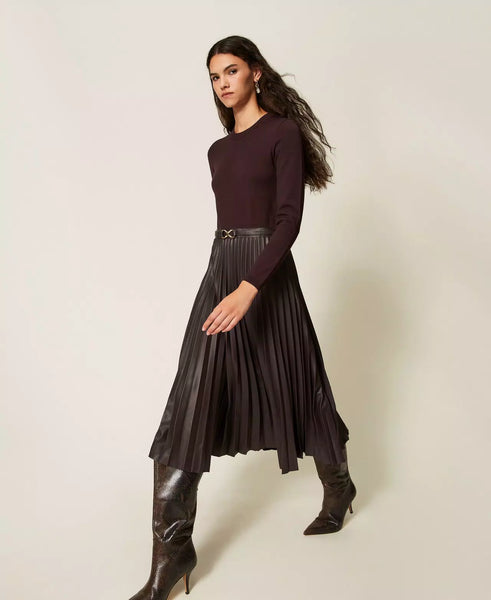Long Knit Dress with Leather Effect