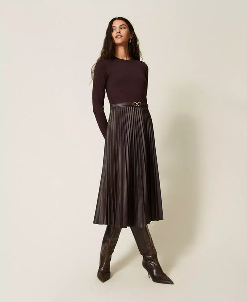 Long Knit Dress with Leather Effect