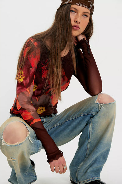 Lily Printed Boat Neck Long Sleeve Top