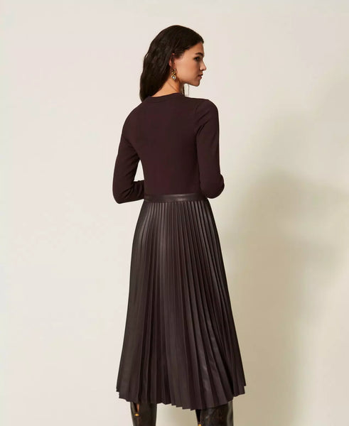 Long Knit Dress with Leather Effect