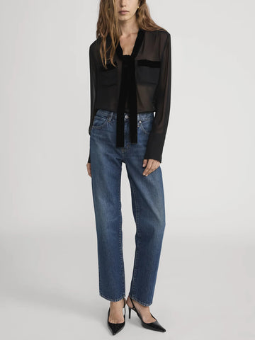 Velvet Trim Modern Tie Blouse