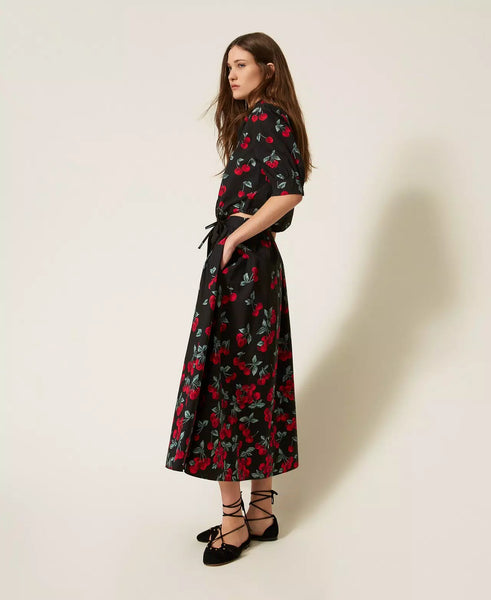 Long Poplin Skirt with Cherry Print