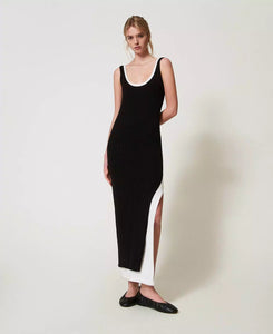 Long trompe-l'œil fitted knit dress