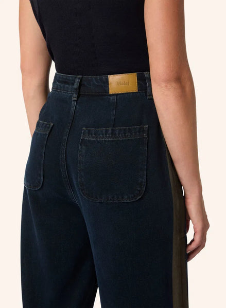 Denim Trousers with Coated Stripes