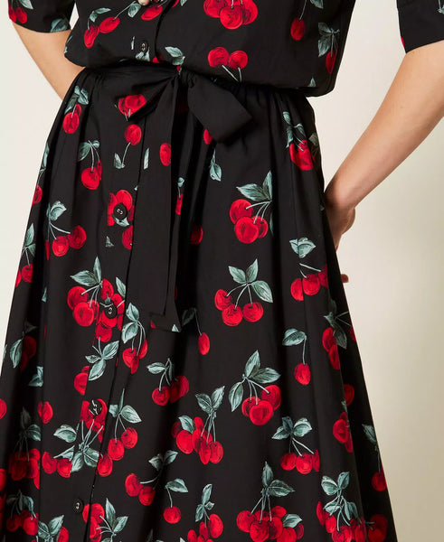 Long Poplin Skirt with Cherry Print