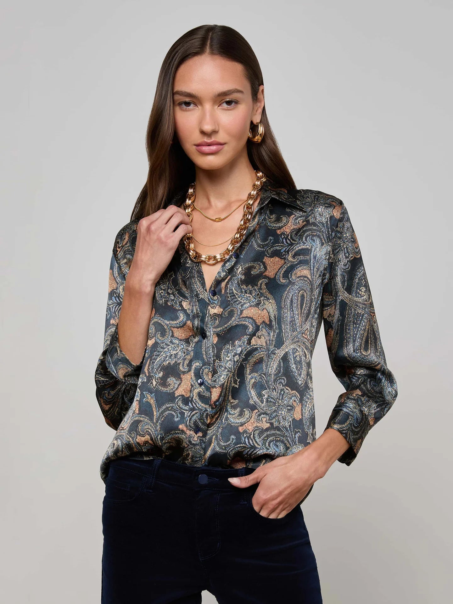 Dani Silk Blouse - Midnight Multi Etched Paisley