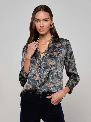 Dani Silk Blouse - Midnight Multi Etched Paisley