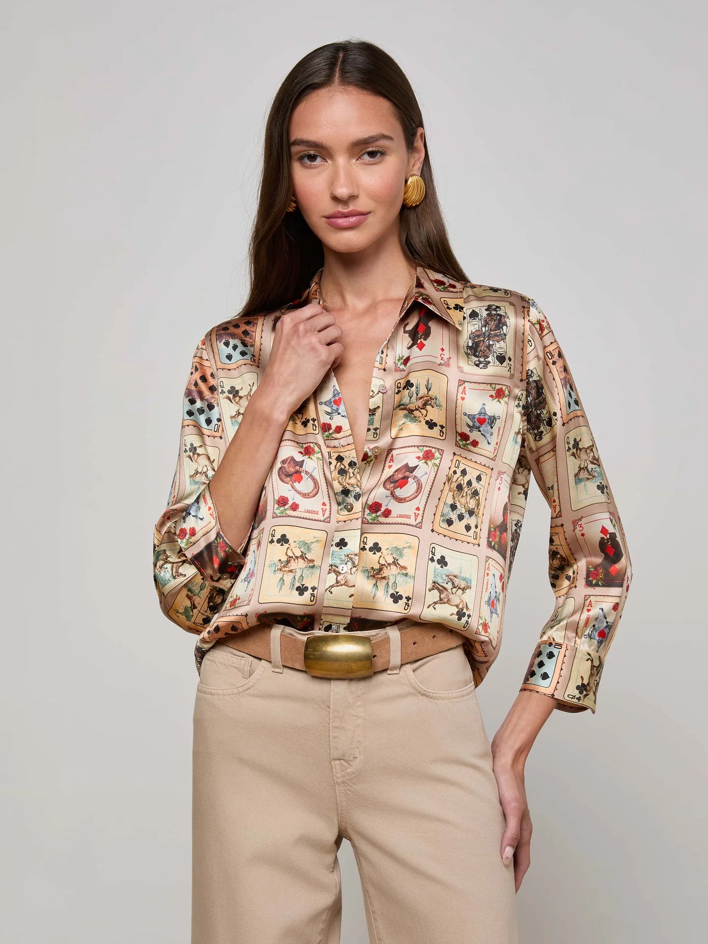 Dani Silk Blouse - Tan Multi Western Cards
