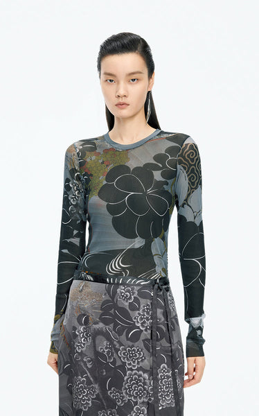 Oriental Print Second Skin Top- JNBY