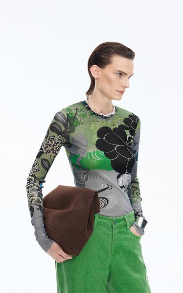 Oriental Print Second Skin Top- JNBY