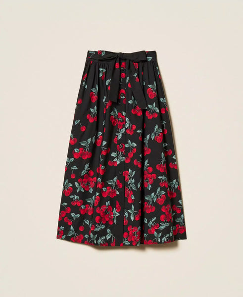 Long Poplin Skirt with Cherry Print
