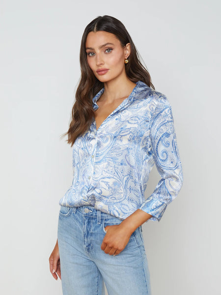 Dani Silk Blouse - Ivory & Blue Paisley