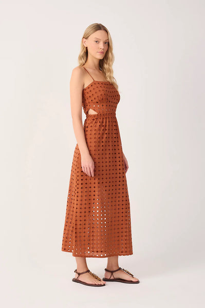 Brown Eyelet Smocked Midi Dress