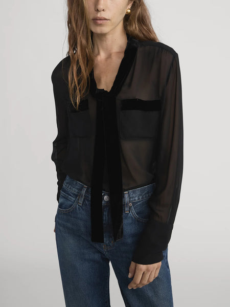 Velvet Trim Modern Tie Blouse