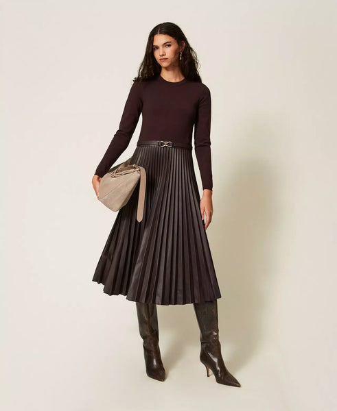 Long Knit Dress with Leather Effect