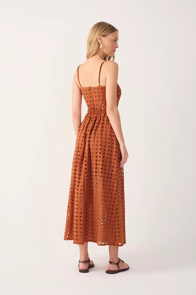 Brown Eyelet Smocked Midi Dress