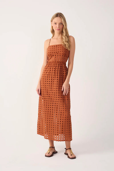 Brown Eyelet Smocked Midi Dress