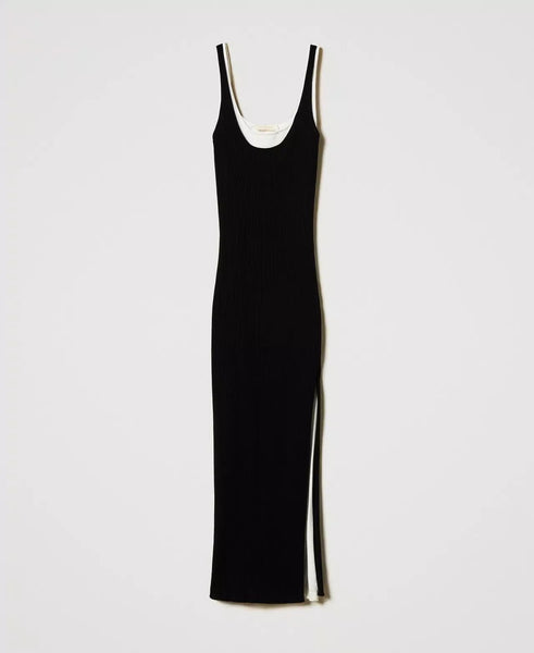 Long trompe-l'œil fitted knit dress