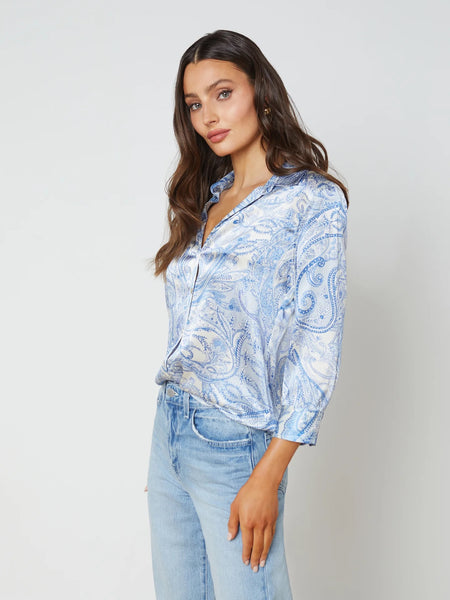 Dani Silk Blouse - Ivory & Blue Paisley