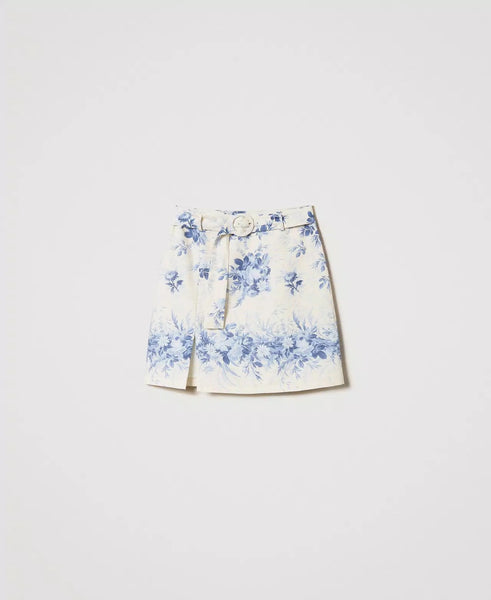 Linen Blend Mini Skirt With Floral Print