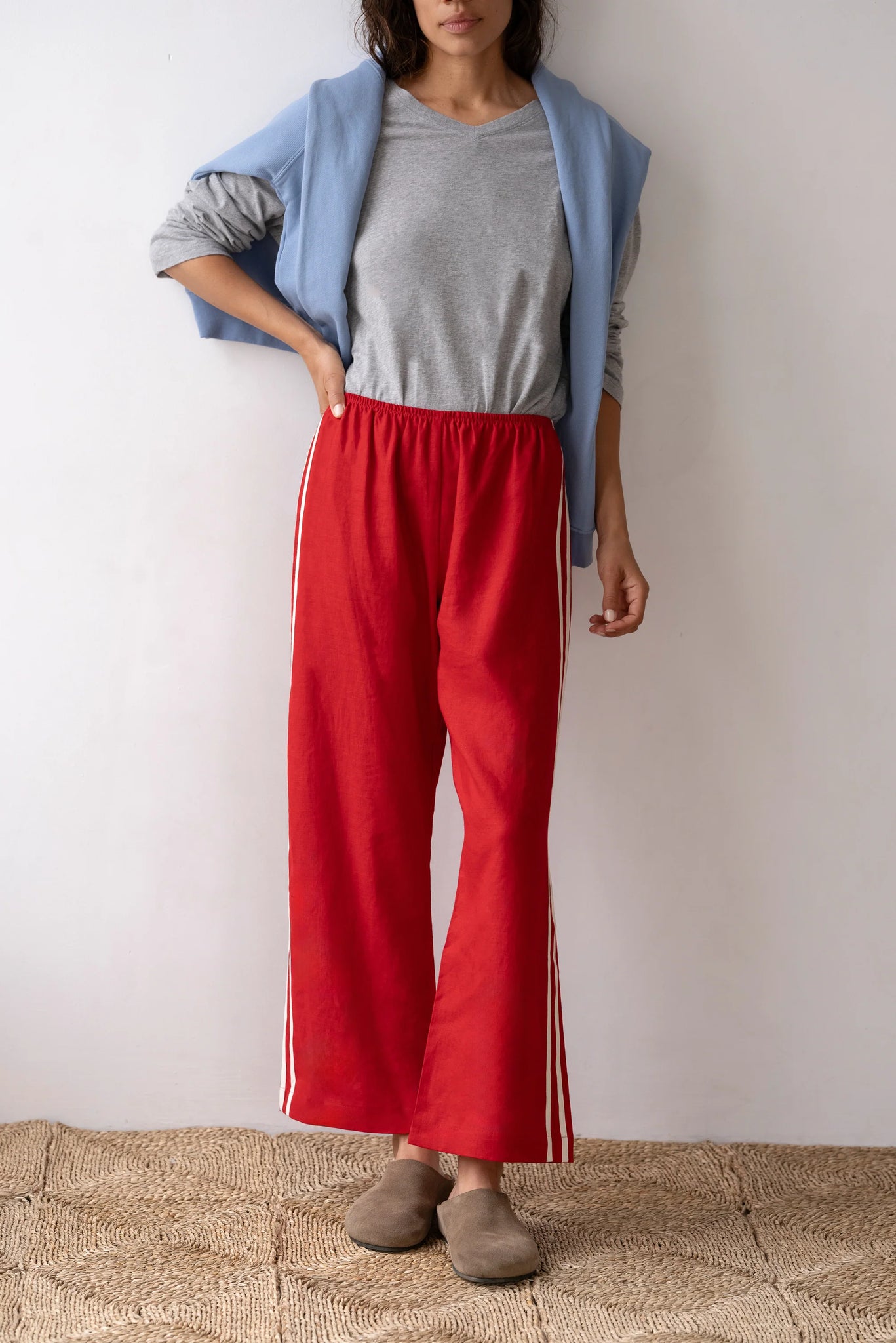 Linnen Cropped Striped Pant Red