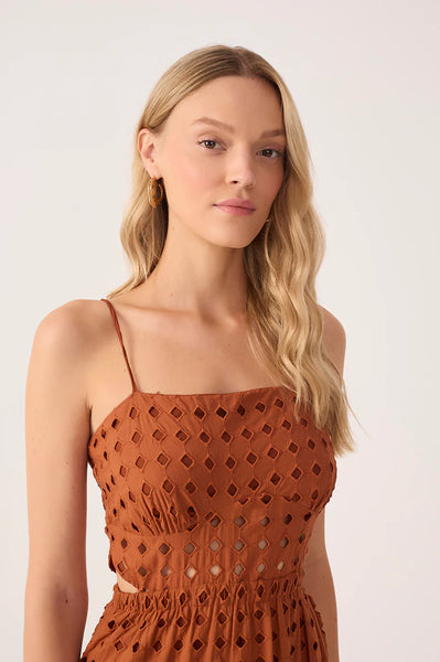 Brown Eyelet Smocked Midi Dress