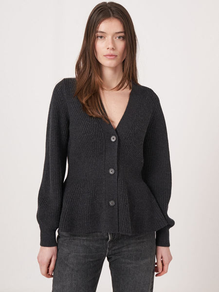 Merino Wool Buttoned Peplum Cardigan