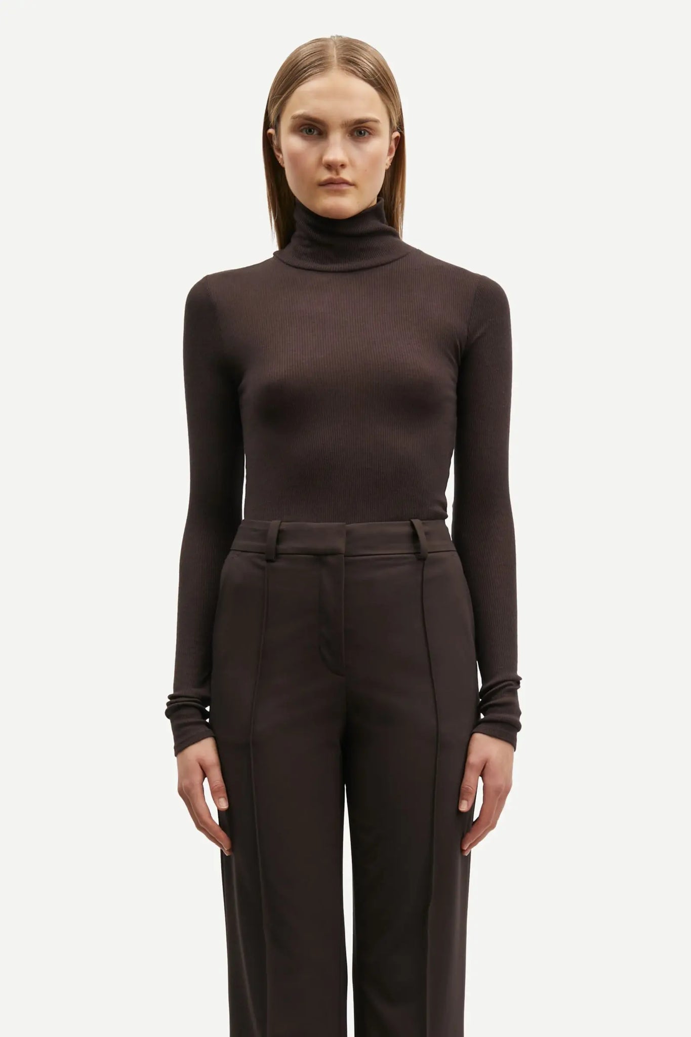 Sassonet Long Sleeve Turtleneck Top in Chocolate Brown