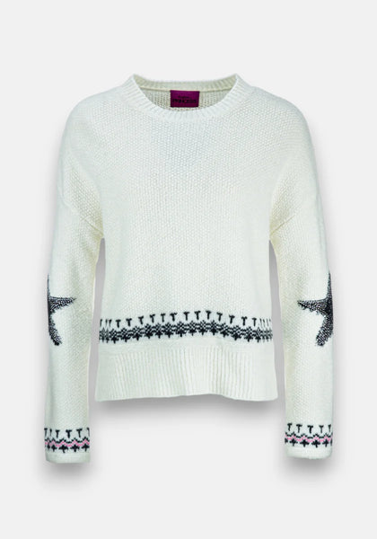 WHITE JACQUARD SWEATER WITH STAR AND DECORATION