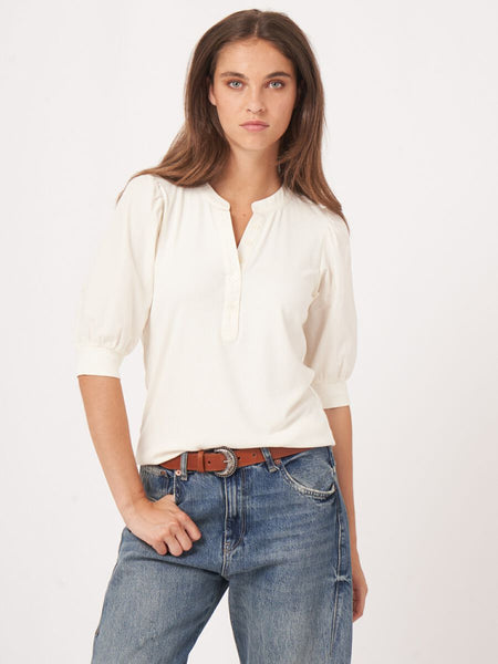 Henley Top With Short Puff Sleeves