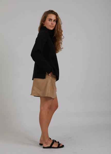 Short A Line Leather Skirt in Sand