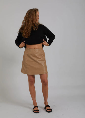 Short A Line Leather Skirt in Sand